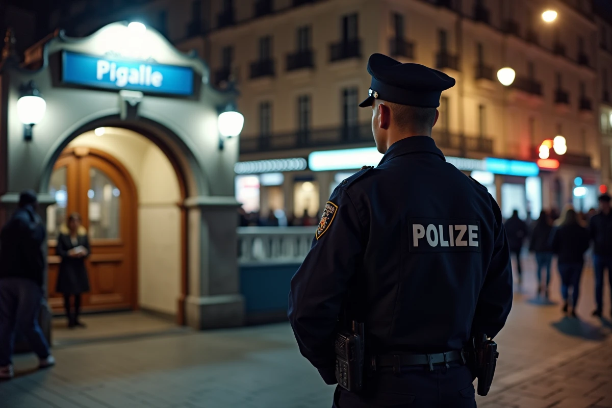 Agent de police en faction devant l'entrée du métro Pigalle la nuit à Paris
