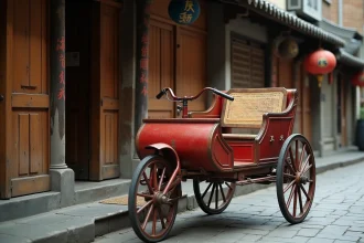 Pousse-pousse en bois traditionnel garé dans une ruelle pavée d'un quartier historique asiatique
