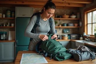 Femme préparant son sac à dos de randonnée de 40 litres avec du matériel léger sur une table en bois rustique