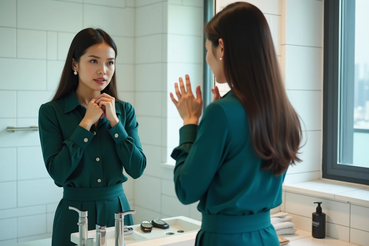 Femme se préparant devant le miroir pour un entretien de visa, tenue professionnelle