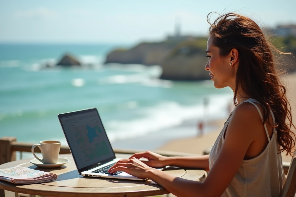 Femme préparant ses vacances au Pays basque sur un ordinateur depuis une terrasse avec vue sur la côte atlantique à Biarritz