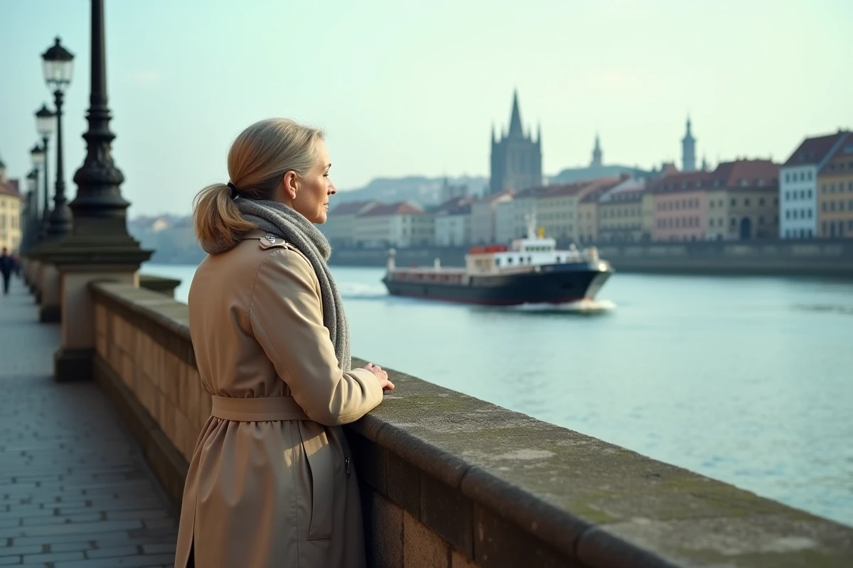 Femme observant le Rhin depuis la promenade d'une ville historique rhénane avec une péniche en arrière-plan