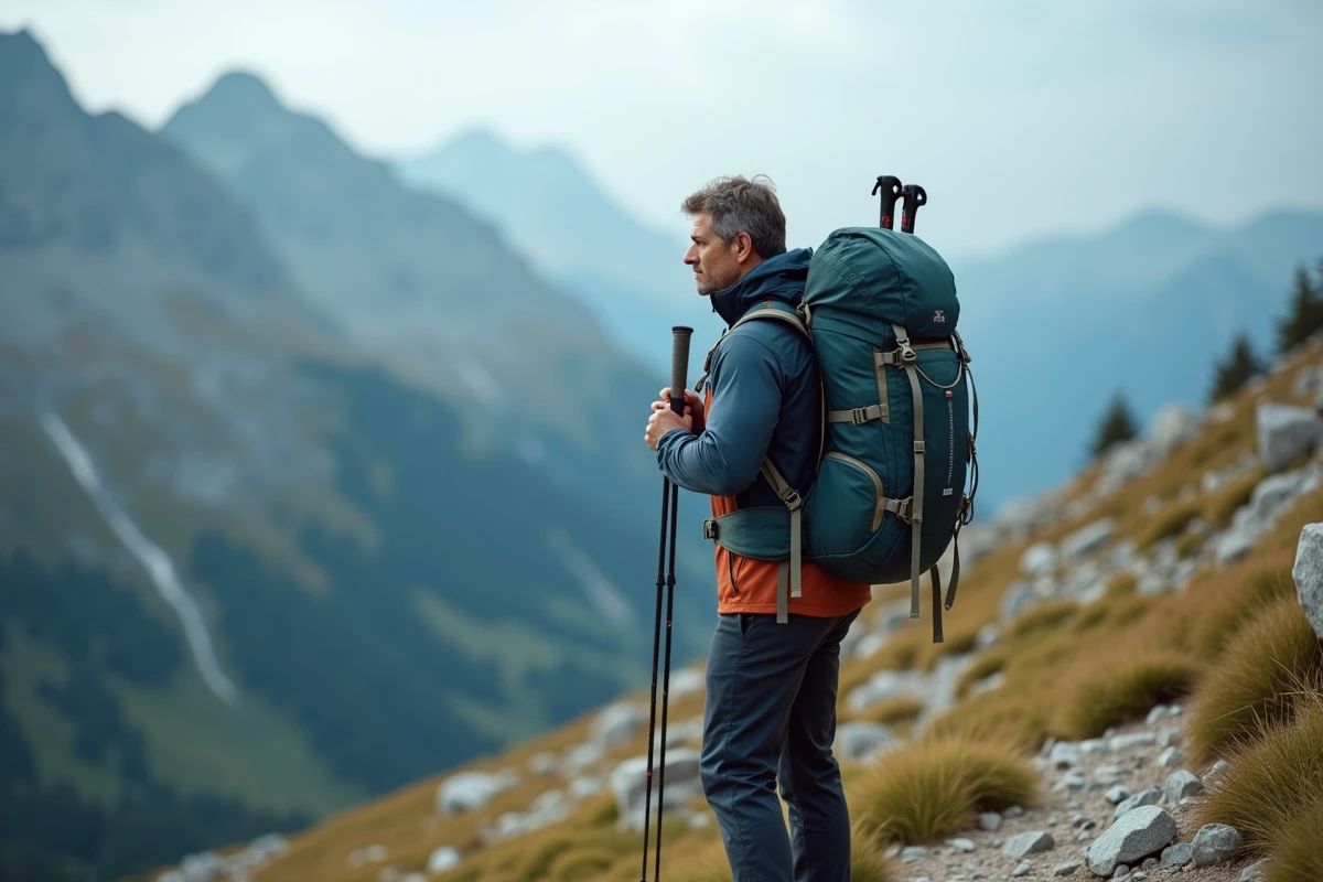 Randonneur avec sac à dos chargé ajustant ses bretelles sur un sentier rocheux en montagne