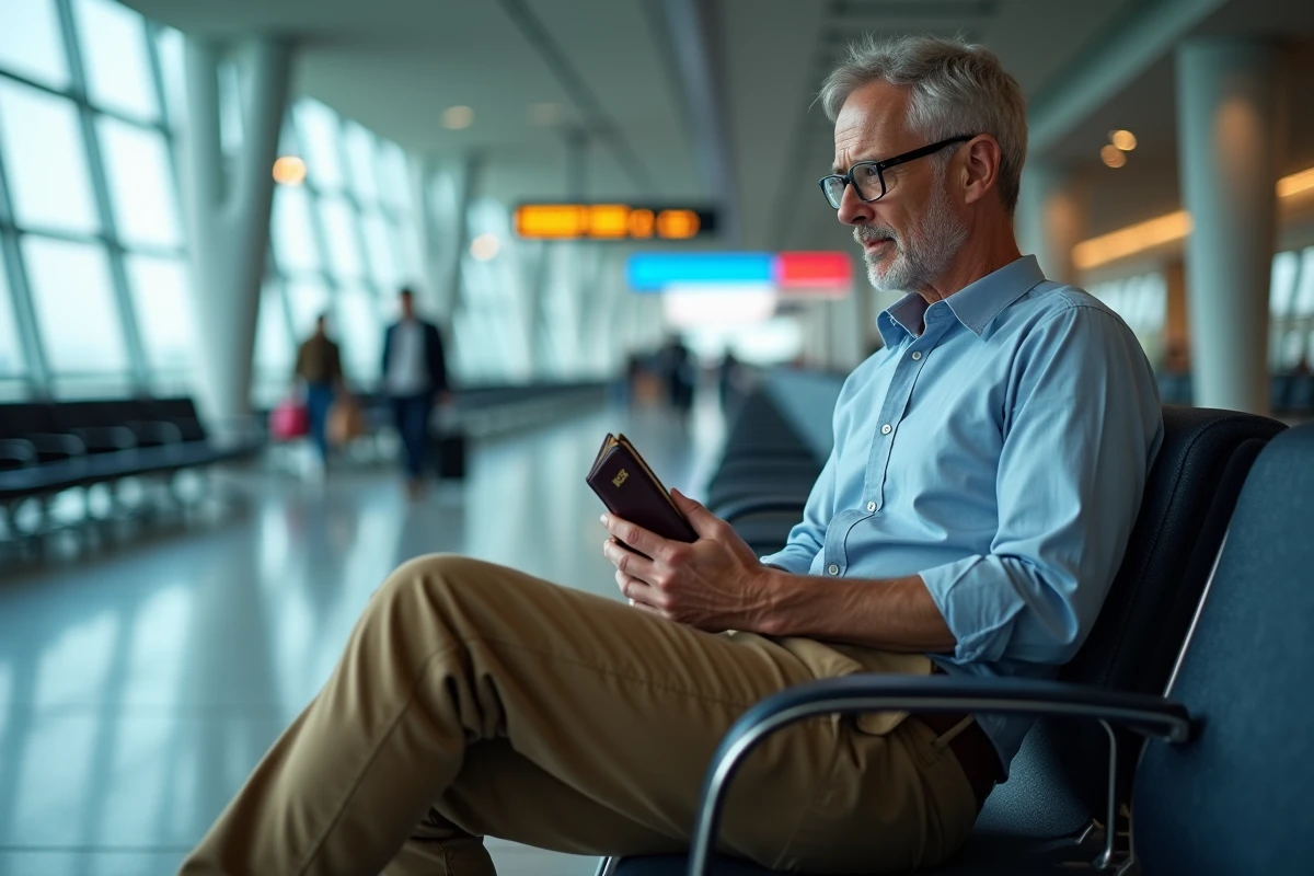 Voyageur rangeant son passeport dans un portefeuille de voyage à l'aéroport
