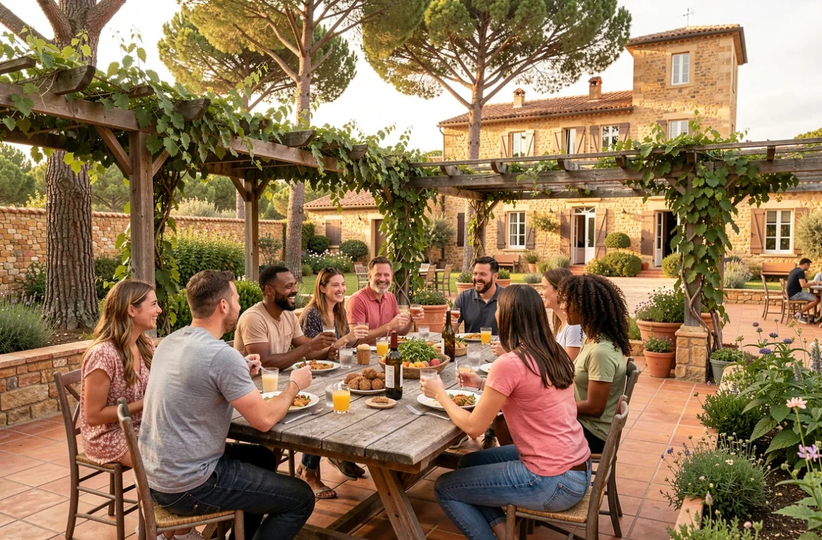 Groupe international de campeurs partageant un repas convivial en plein air au RCN Domaine de la Noguière au Muy avec le domaine provençal en arrière-plan