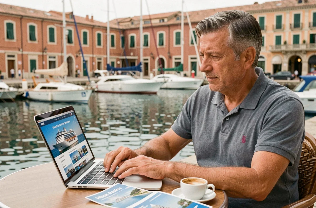 Homme recherchant une croisière de dernière minute sur un ordinateur au Vieux-Port de Marseille