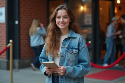 Jeune femme attendant devant l'entrée des artistes pour rencontrer une star, tenant un carnet de notes avec une expression enthousiaste