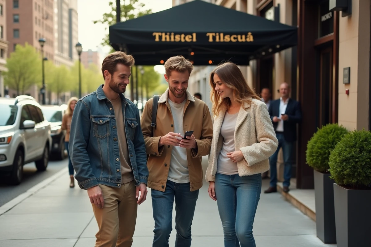 Groupe de fans attendant devant un hôtel de luxe en espérant apercevoir une célébrité, regardant un téléphone ensemble sur le trottoir
