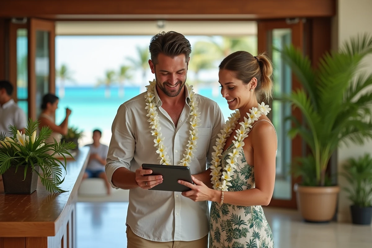 Couple consultant une facture d'hôtel dans un resort de luxe à Hawaï en période de forte affluence