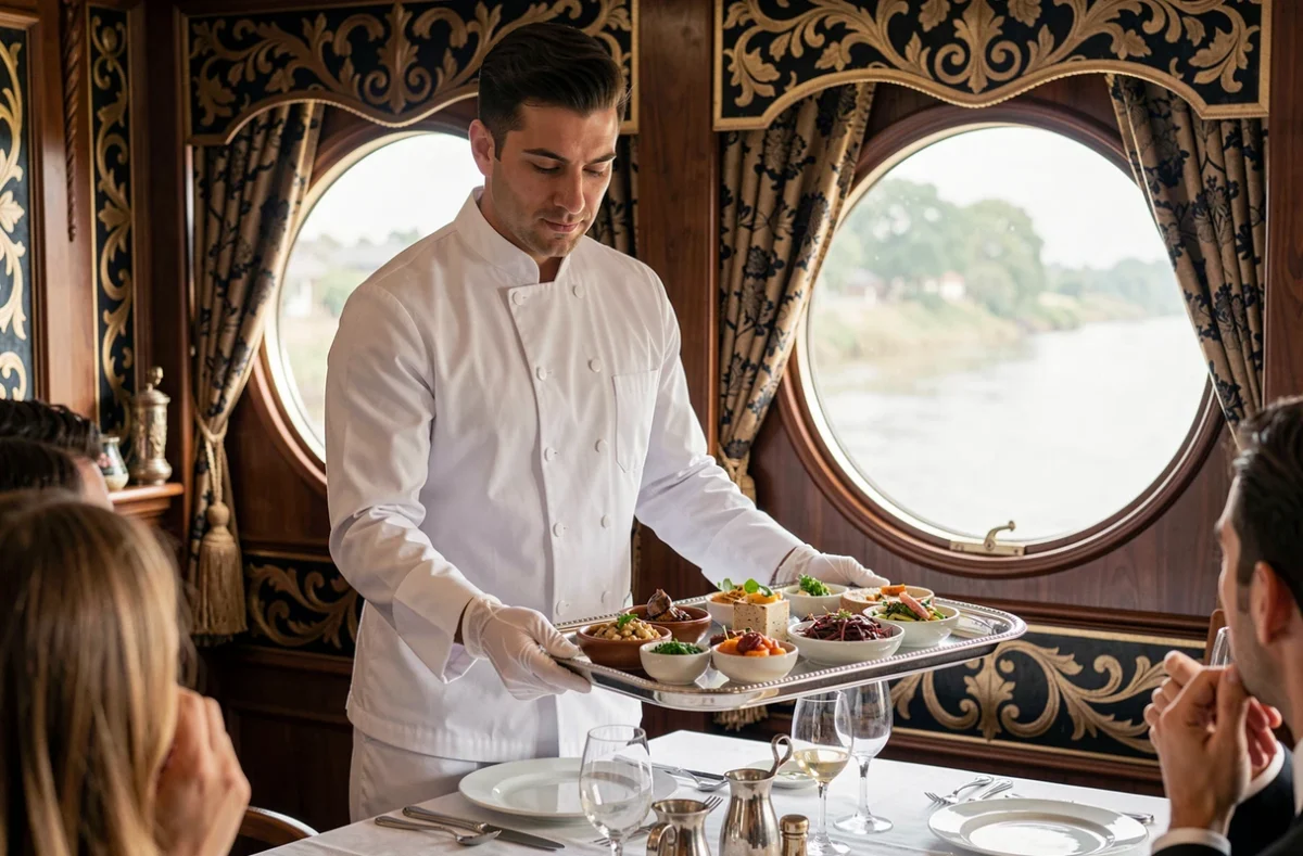 Serveur en uniforme blanc servant un repas gastronomique dans le restaurant luxueux d'un navire de croisière sur le Nil