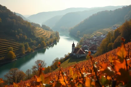 Vue panoramique du Rhin traversant la vallée rhénane en automne, entourée de vignobles dorés et de villages alsaciens