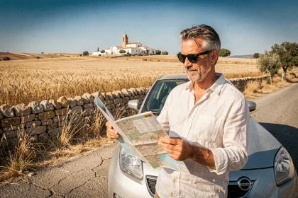 Voyageur en road trip en Espagne consultant une carte routière papier sur une route secondaire avec paysage de la Castille en arrière-plan