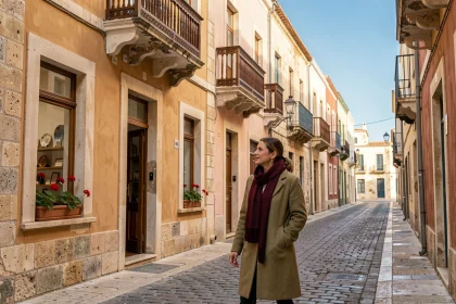 Femme se promenant dans une rue pavée de La Valette en hiver avec des balcons maltais colorés et un ciel bleu méditerranéen