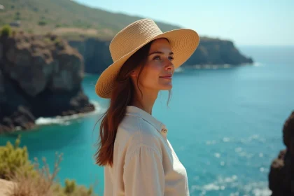 Femme en bord de mer sur des roches volcaniques en Italie du Sud face à une côte méditerranéenne turquoise