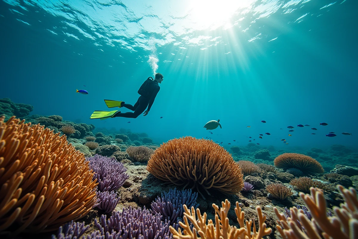 Plongeur en apnée observant les coraux colorés et une tortue marine dans la Grande Barrière de Corail en Australie