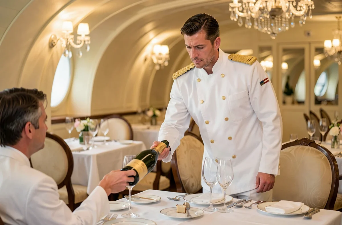 Sommelier servant du Champagne dans un restaurant gastronomique de croisière de luxe