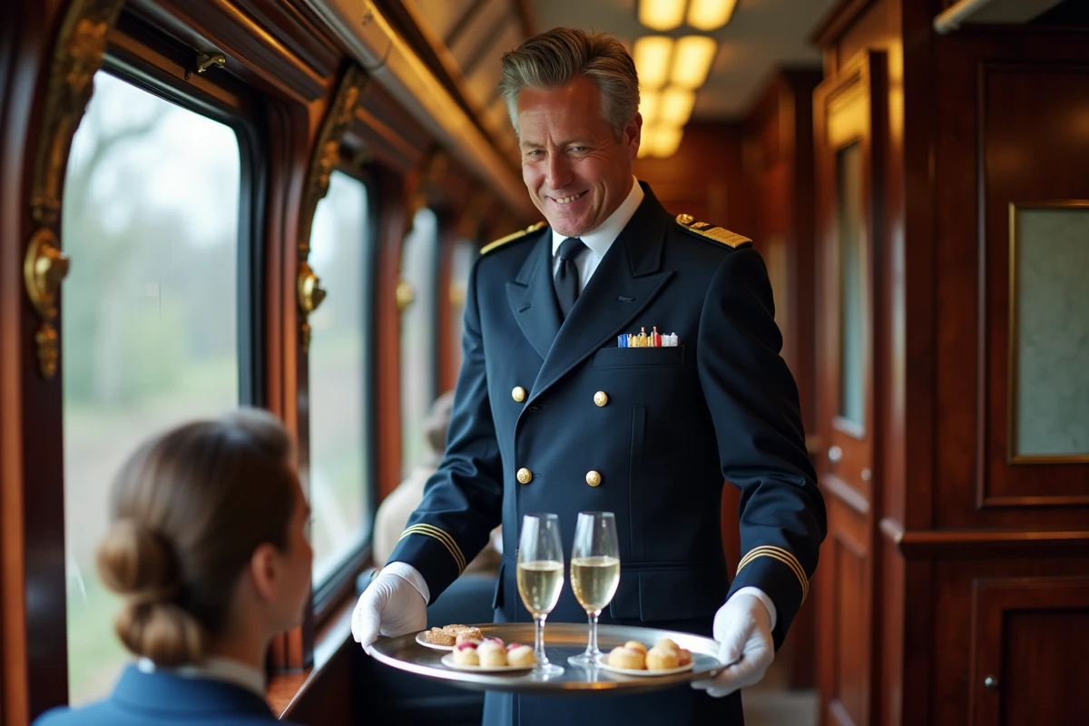 Steward en uniforme servant du champagne à une passagère dans le couloir d'un train de luxe européen aux boiseries sombres et accessoires en laiton