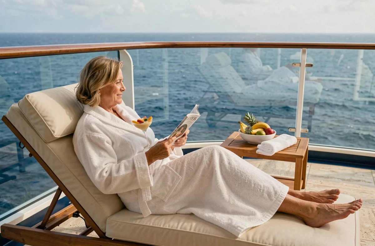 Femme en robe de chambre se relaxant sur le balcon privé d'une suite de croisière de luxe