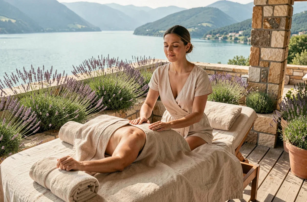 Femme en soin bien-être sur une terrasse spa du camping Sunêlia L'Hippocampe à Volonne avec vue sur le lac de Serre-Ponçon