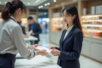 Acheteuse japonaise remettant un formulaire de détaxe à une caissière dans un grand magasin de Tokyo