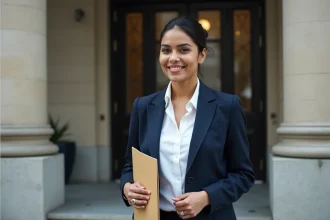 Femme habillée professionnellement devant un consulat pour un entretien de visa