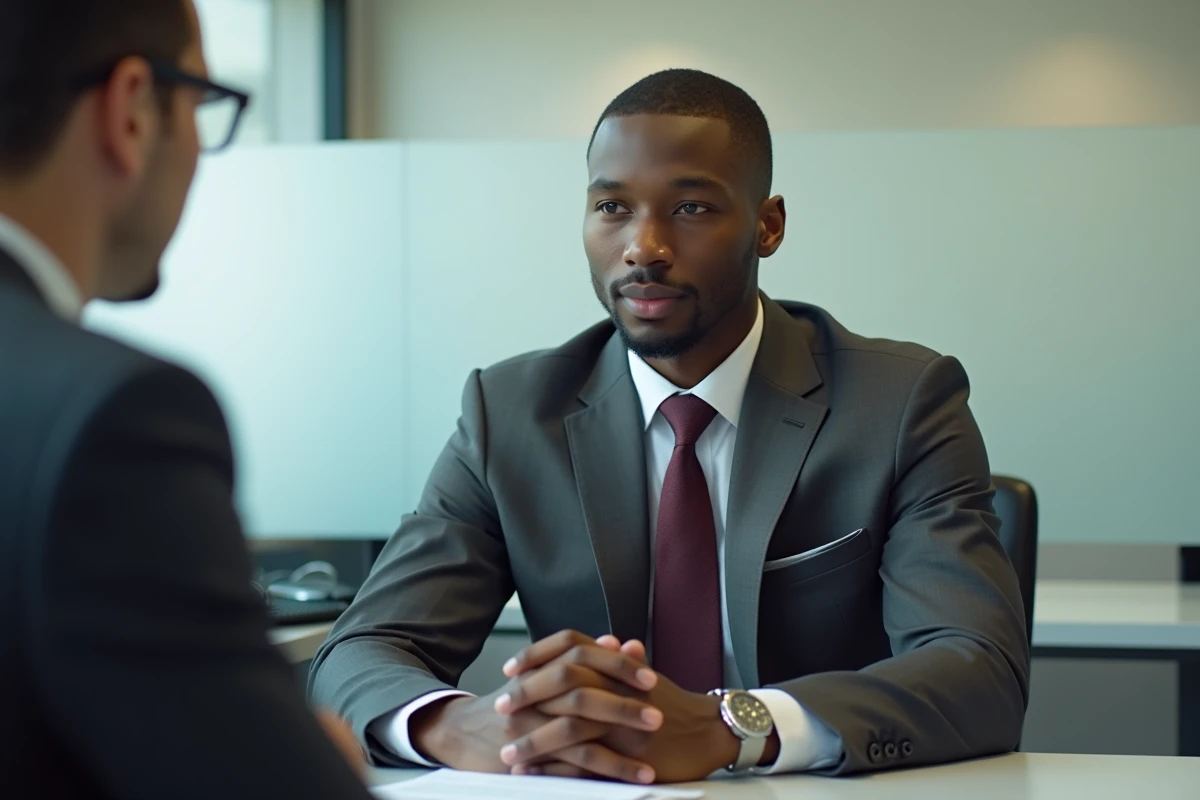 Homme en costume lors d'un entretien de visa dans une salle officielle