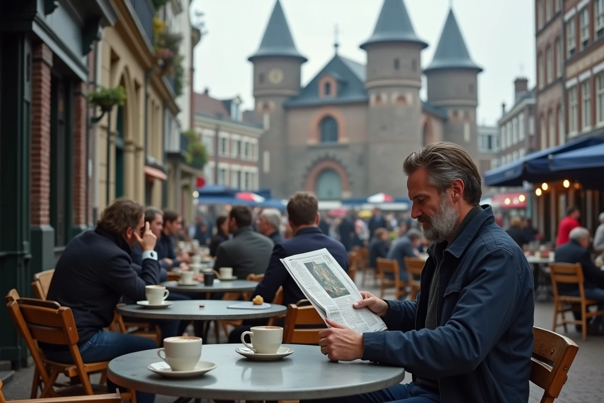 Terrasse de café animée sur la place Nieuwmarkt d'Amsterdam avec le bâtiment historique De Waag en arrière-plan