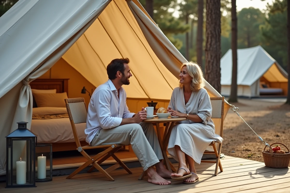 Couple profitant d'un café sur la terrasse d'une tente glamping haut de gamme dans un camping 5 étoiles