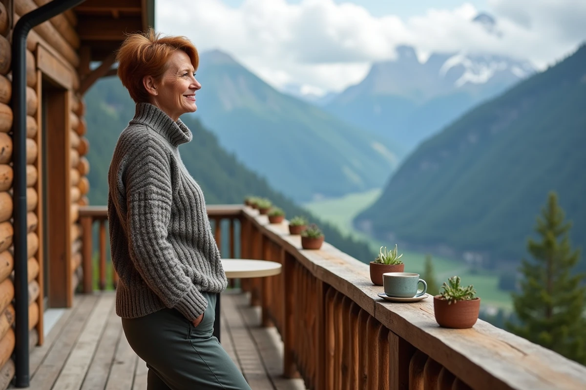 Femme en pull en laine sur la terrasse d'un lodge de montagne avec vue panoramique sur une vallée alpine