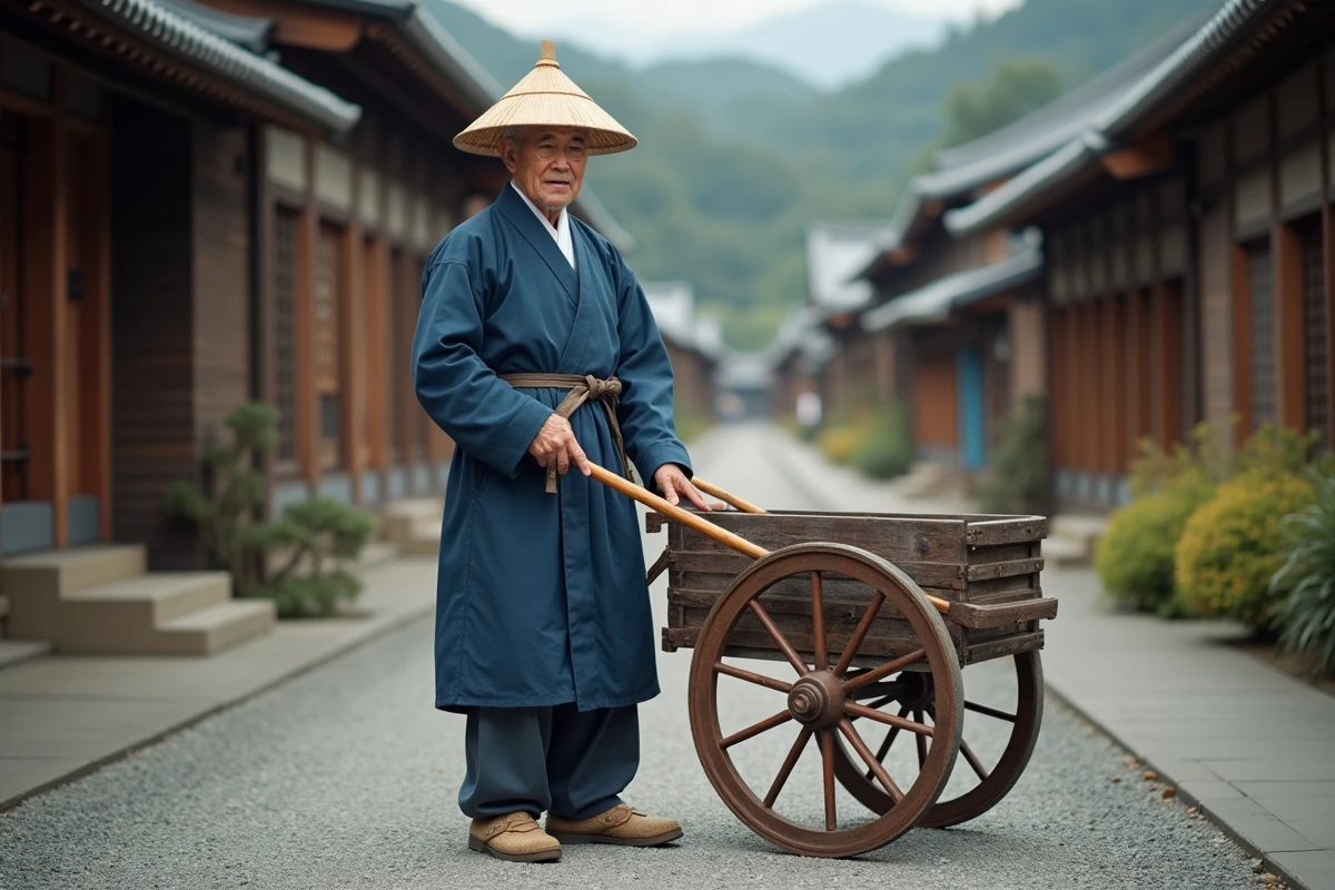 Homme en costume de tireur de pousse-pousse japonais du XIXe siècle devant un musée vivant