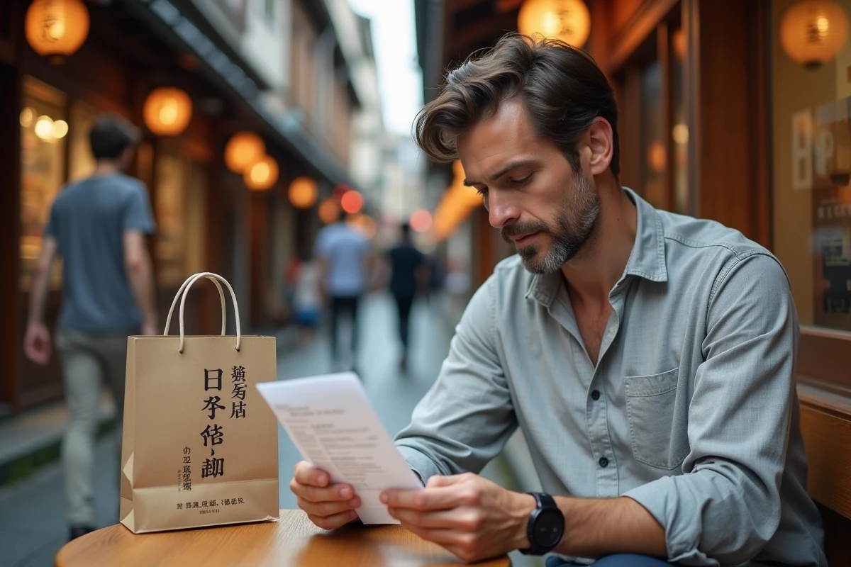 Touriste européen consultant un reçu de détaxe dans une galerie marchande traditionnelle de Kyoto