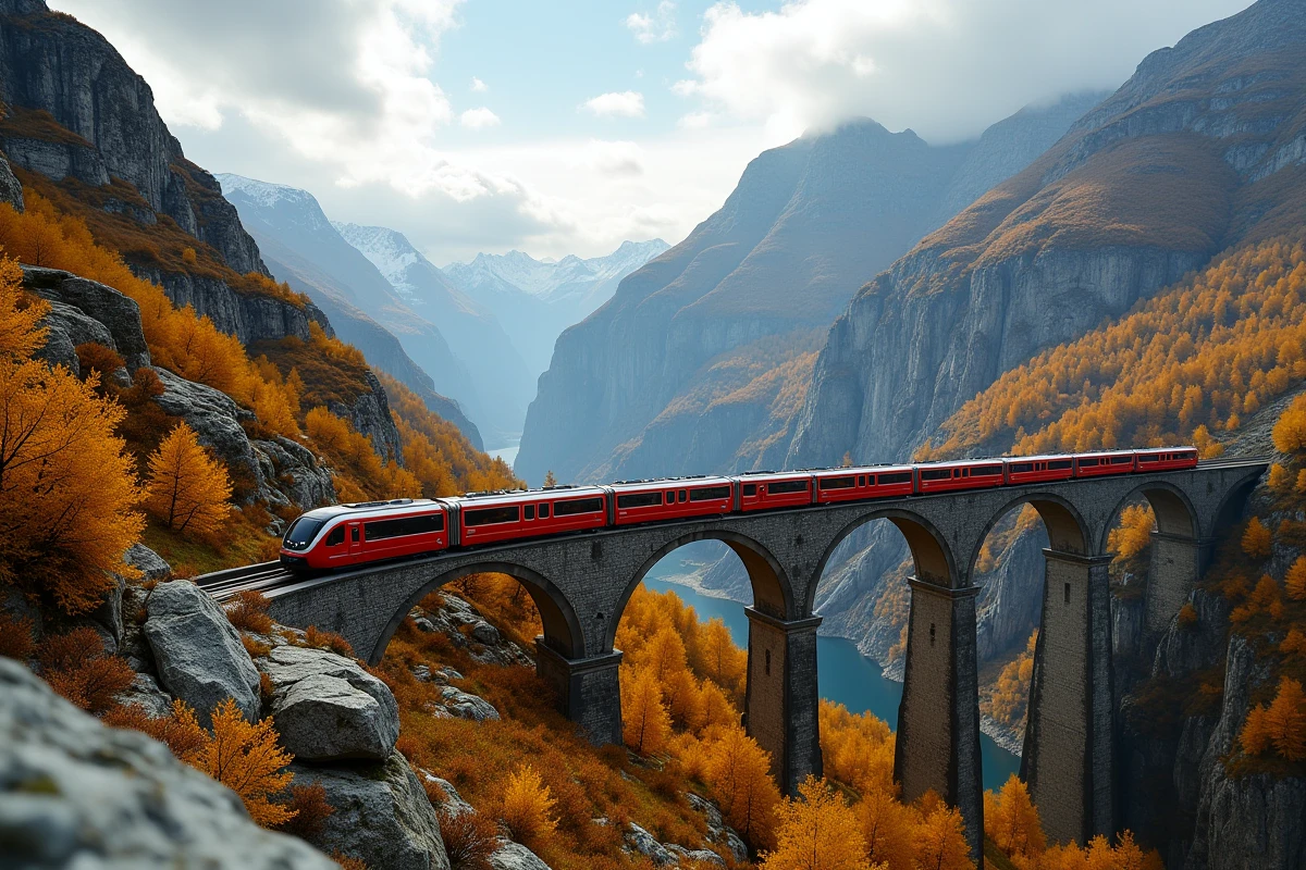 Train panoramique suisse traversant un viaduc alpin en automne, entouré de forêts de mélèzes dorés et de sommets rocheux