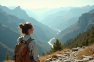 Voyageuse contemplant un vaste paysage montagneux depuis un point de vue en altitude, symbolisant les valeurs de découverte et d'émerveillement du voyage