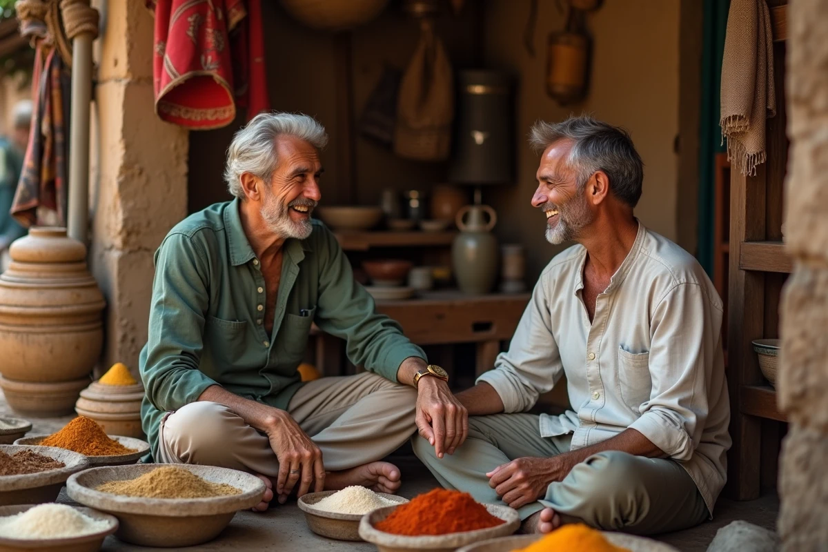 Voyageur échangeant avec un vendeur local dans un marché traditionnel, illustrant les valeurs humaines et culturelles du voyage