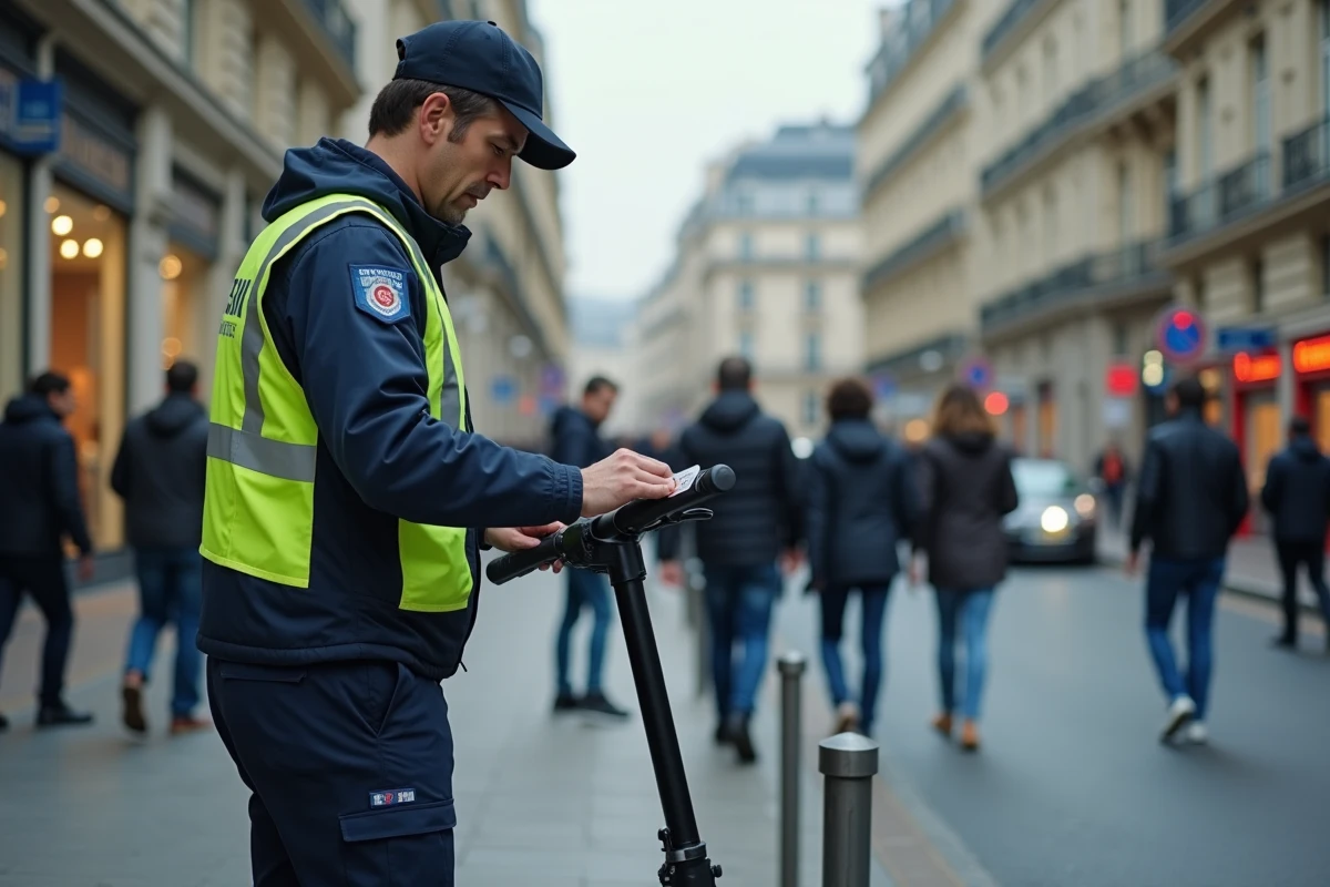Agent municipal apposant un avis d'infraction sur une trottinette électrique en stationnement interdit à Paris