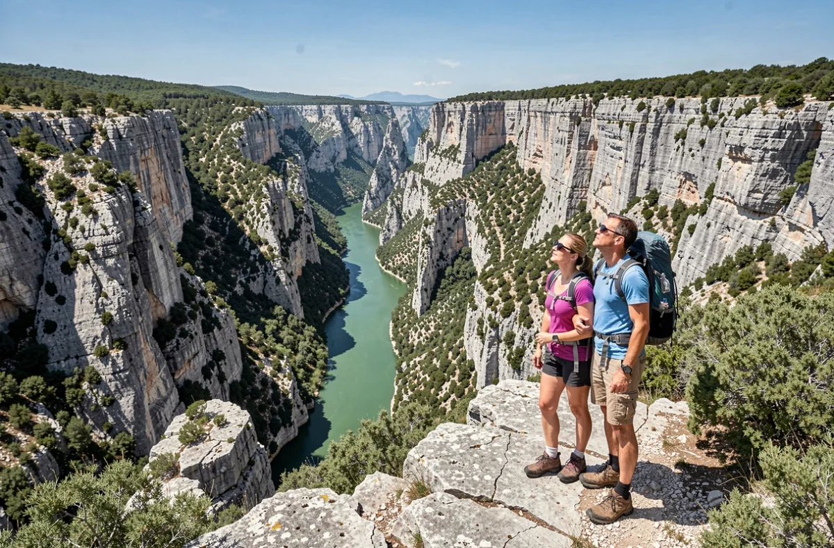 Couple de randonneurs admirant les gorges du Verdon depuis un point de vue du camping Verdon Parc avec la rivière émeraude en contrebas