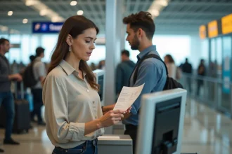Femme vérifiant son billet d'avion au comptoir d'enregistrement dans un aéroport moderne