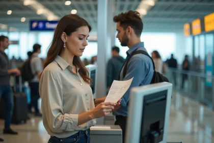 Femme vérifiant son billet d'avion au comptoir d'enregistrement dans un aéroport moderne