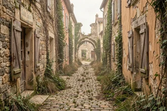 Rue abandonnée d'un village français en ruines avec pavés envahis par la végétation et volets décrépits