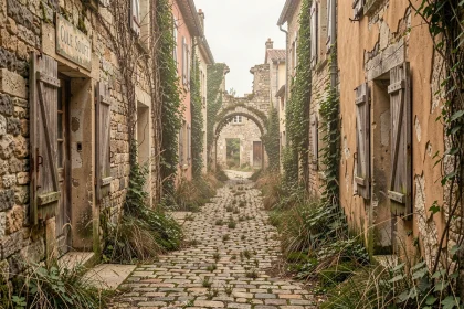 Rue abandonnée d'un village français en ruines avec pavés envahis par la végétation et volets décrépits