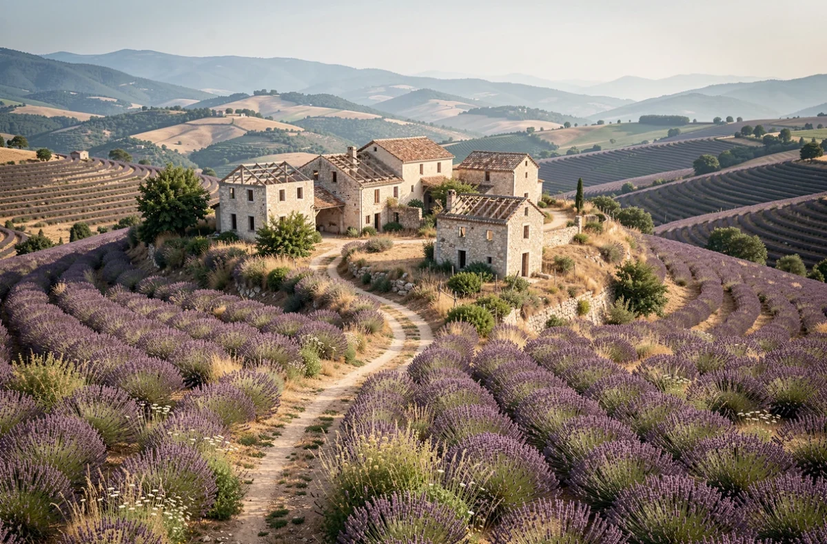 Vue panoramique d'un village perché abandonné en France entouré de champs de lavande sauvage et de collines provençales