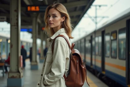 Femme montant dans un train intercité en Europe, illustrant le voyage écologique en transport ferroviaire
