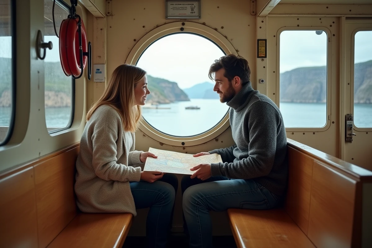 Deux voyageurs regardant le paysage côtier depuis un ferry, illustrant le transport maritime comme alternative écologique