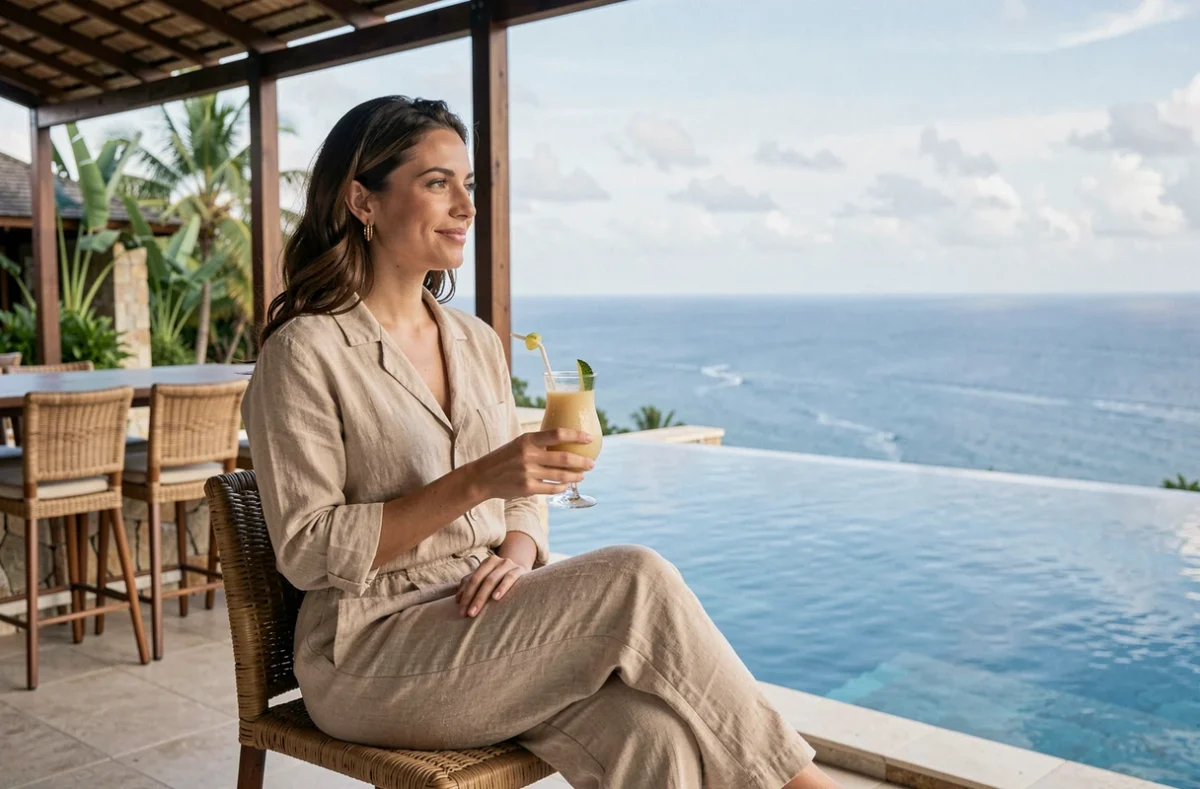 Voyageuse solo en séjour tout compris savourant un cocktail sur une terrasse de resort avec vue mer