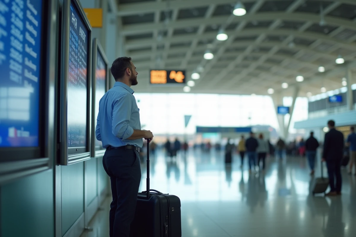 Voyageur consultant le tableau des départs dans un aéroport international avant un vol pour Tahiti
