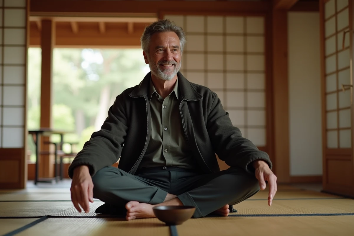Voyageur culturel participant à une cérémonie du thé traditionnelle dans une maison de thé japonaise