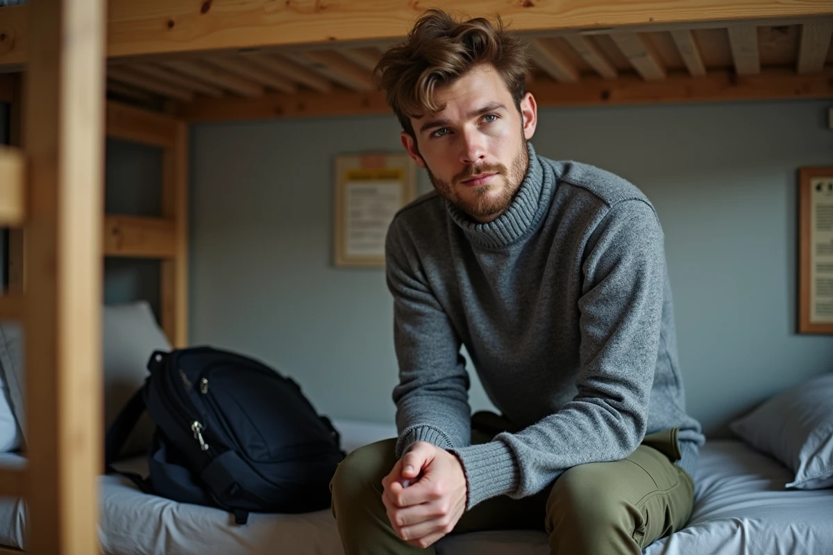 Voyageur solitaire assis sur un lit superposé dans un dortoir d'auberge de jeunesse réfléchissant à son choix