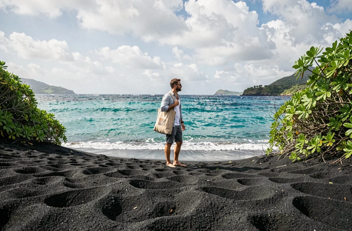 Voyageur sur une plage de sable noir à La Réunion après un vol avec French bee