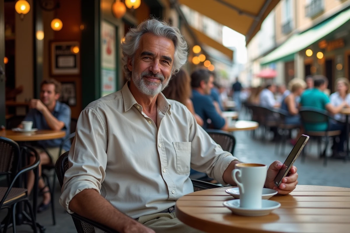 Voyageur assis en terrasse de café international avec carte de vols sur smartphone dans une ville européenne