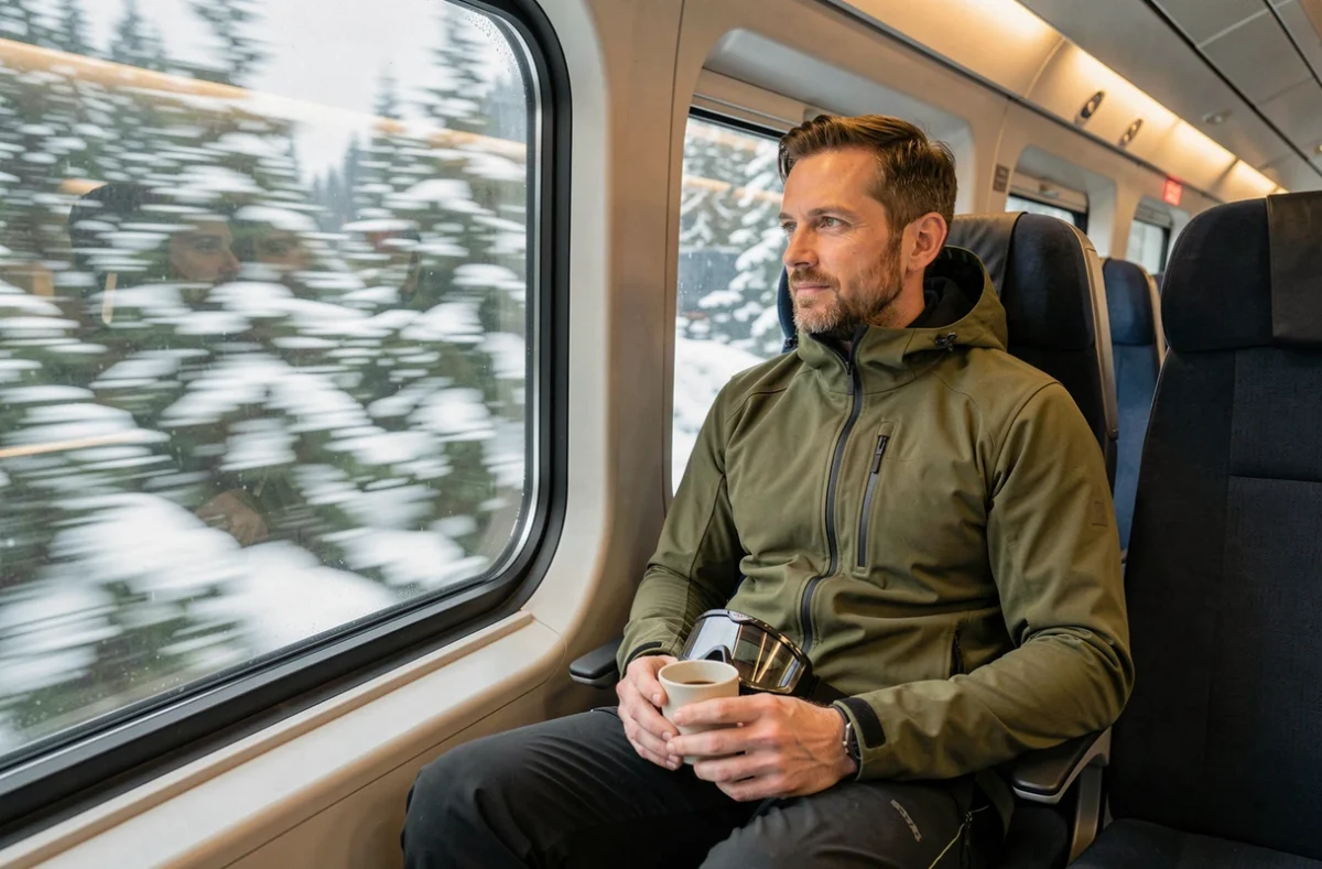 Voyageur en tenue de ski regardant par la fenêtre d'un TGV traversant un paysage alpin enneigé